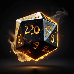 A dramatic d20 dice floating in mid-air, cracked and glowing with golden light from within, dark fantasy aesthetic, deep black background with subtle smoke and embers, the number 20 facing forward lit in bright gold, bold graphic composition, high contrast, stylized digital illustration, vibrant and punchy colors, no text, centered composition, clean edges, suitable for a small profile icon