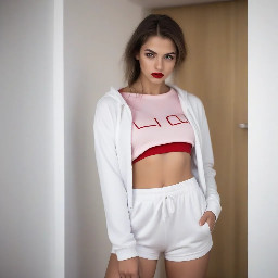 Claro. La fotografía muestra a una mujer joven posando frente a un fondo de puertas tipo clóset con lamas horizontales blancas. Está de pie, con el torso ligeramente inclinado y una pose de brazo elevado detrás de la cabeza, lo que genera una composición dinámica y estilizada.  Tiene cabello castaño claro, lacio con algo de volumen, largo aproximado hasta los hombros. Su rostro es ovalado, con cejas definidas, ojos delineados, mirada directa hacia la cámara y expresión seria o segura. Lleva maquillaje marcado pero limpio: labios rojos, delineado negro y piel uniforme.  Viste un conjunto en tonos claros: una blusa/crop top blanco con escote pronunciado, detalles de encaje en el borde inferior y textura ligera; encima lleva una prenda blanca abierta, tipo sudadera o chaqueta ligera, caída de un hombro. En la parte inferior usa un pantalón o short de pijama con estampado de cuadros rosa y blanco, con pequeños motivos decorativos rojos. También se aprecia un piercing en el ombligo.  La iluminación es frontal y cálida, probablemente de flash o luz directa, lo que genera sombras marcadas sobre el fondo y resalta el contraste entre la ropa blanca, el cabello castaño y los labios rojos. La imagen transmite una estética casual, íntima y cuidada, con énfasis en una pose de confianza y estilo personal.