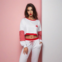 Claro. La fotografía muestra a una mujer joven posando frente a un fondo de puertas tipo clóset con lamas horizontales blancas. Está de pie, con el torso ligeramente inclinado y una pose de brazo elevado detrás de la cabeza, lo que genera una composición dinámica y estilizada.  Tiene cabello castaño claro, lacio con algo de volumen, largo aproximado hasta los hombros. Su rostro es ovalado, con cejas definidas, ojos delineados, mirada directa hacia la cámara y expresión seria o segura. Lleva maquillaje marcado pero limpio: labios rojos, delineado negro y piel uniforme.  Viste un conjunto en tonos claros: una blusa/crop top blanco con escote pronunciado, detalles de encaje en el borde inferior y textura ligera; encima lleva una prenda blanca abierta, tipo sudadera o chaqueta ligera, caída de un hombro. En la parte inferior usa un pantalón o short de pijama con estampado de cuadros rosa y blanco, con pequeños motivos decorativos rojos. También se aprecia un piercing en el ombligo.  La iluminación es frontal y cálida, probablemente de flash o luz directa, lo que genera sombras marcadas sobre el fondo y resalta el contraste entre la ropa blanca, el cabello castaño y los labios rojos. La imagen transmite una estética casual, íntima y cuidada, con énfasis en una pose de confianza y estilo personal.