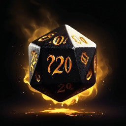 A dramatic d20 dice floating in mid-air, cracked and glowing with golden light from within, dark fantasy aesthetic, deep black background with subtle smoke and embers, the number 20 facing forward lit in bright gold, bold graphic composition, high contrast, stylized digital illustration, vibrant and punchy colors, no text, centered composition, clean edges, suitable for a small profile icon