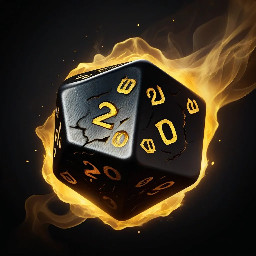 A dramatic d20 dice floating in mid-air, cracked and glowing with golden light from within, dark fantasy aesthetic, deep black background with subtle smoke and embers, the number 20 facing forward lit in bright gold, bold graphic composition, high contrast, stylized digital illustration, vibrant and punchy colors, no text, centered composition, clean edges, suitable for a small profile icon