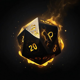 A dramatic d20 dice floating in mid-air, cracked and glowing with golden light from within, dark fantasy aesthetic, deep black background with subtle smoke and embers, the number 20 facing forward lit in bright gold, bold graphic composition, high contrast, stylized digital illustration, vibrant and punchy colors, no text, centered composition, clean edges, suitable for a small profile icon
