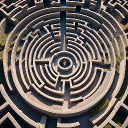 Labyrinth seen from a 45-degree angle, extreme aerial view, straight walls, entrance and exit of the labyrinth clearly visible, top-down perspective combined with angled view, cinematic composition, no circular, no concentric, no round shapes, no curves, no organic walls, no blurry, no low quality, no entrance missing, no exit missing, no top-down only, no drone view only16:9