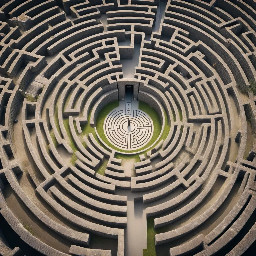 Labyrinth seen from a 45-degree angle, extreme aerial view, straight walls, entrance and exit of the labyrinth clearly visible, top-down perspective combined with angled view, cinematic composition, no circular, no concentric, no round shapes, no curves, no organic walls, no blurry, no low quality, no entrance missing, no exit missing, no top-down only, no drone view only16:9