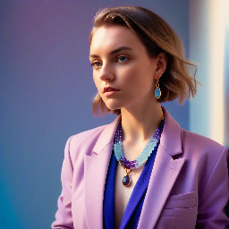 "Berry Sorbet" necklace worn by a young professional woman, purple amethyst and aquamarine gradient stone beads, mixed gold silver metal details, 42cm length, wearing a colorful oversized blazer in cobalt blue, soft natural office lighting, lifestyle fashion editorial, warm pastel background, confident elegant pose, professional fashion photography