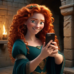A beautifully detailed, vibrant 3D animation production still of Princess Merida from Brave, inspired by the high-quality, expressive style of image_2.png. She is taking a close-up selfie in a rustic, ancient stone castle hall at dusk. Merida has an huge, mischievous, genuine wide smile that shows her teeth, looking directly into the smartphone lens. Her wild, voluminous, curly red hair is cascading and framing her face. Her extended arm is holding a smartphone (a deep teal color, perhaps with a bear emblem). She wears her traditional deep turquoise dress with detailed gold embroidery and a laced bodice, visible up close. She has an ancient, detailed Celtic ring on her finger. The phone’s screen is visible, showing a bright preview of her laughing face and her hair. The background is a soft-focus, detailed ancient stone wall with a blurred Celtic tapestry and a burning torch casting warm light. Crisp focus on her face and the phone. Cinematic, warm studio lighting with natural film grain. Masterpiece, high resolution.