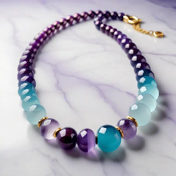 A handmade luxury statement necklace called "Berry Sorbet", product photography on clean white marble background, smooth round amethyst beads in deep purple and lavender tones mixed with aquamarine beads in soft sky blue and teal, ombre gradient color transition from deep purple to soft blue, mixed metal accents — gold and silver hammered spacer beads alternating, 42cm choker length, elegant and colorful, close-up macro shot, soft diffused studio lighting, shallow depth of field, bokeh background, high-end jewelry editorial photography, ultra sharp details, 8K resolution