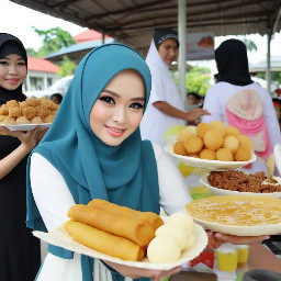 "Seorang wanita Indonesia cantik berusia 23 tahun mengenakan hijab elegan dan gamis (gaun panjang Islami) yang bagus, berdiri dan melakukan siaran langsung menghadap ke depan, tatapan lurus kedepan, sedang mempromosikan sebuah kedai makanan dan minuman di kota Balikpapan, kalimantan Timur, yang bernama "Kedai Es Krim Qu", yang menjual makanan dan minuman berupa : kebab, sosis bakar, crepes, es krim cone, tahu bakso, risol mayo, berbagai jus buah seperti alpukat, mangga, jeruk, es teler dan lain lain, ekspresinya ceria dan profesional, latar belakang menunjukkan kedai tersebut yang di penuhi oleh para pembeli yang sedang mengantri di kedai tersebut, tampilkan display makan tersebut secara real dan terlihat nyata, pencahayaan bagus, fotorealistik, kualitas tinggi, 4k"