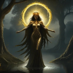 Arte de fantasía oscura: Malenia (Elden Ring) como la Diosa de la Podredumbre flotando dando espadazos de color dorado en el Haligtree, con alas de hiedra corruptas de energía carmesí y un aura misteriosa. Fondo de raices oscuras con un lago en el centro
