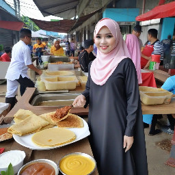 "Seorang wanita Indonesia cantik berusia 23 tahun mengenakan hijab elegan dan gamis (gaun panjang Islami) yang bagus, berdiri dan melakukan siaran langsung menghadap ke depan, tatapan lurus kedepan, sedang mempromosikan sebuah kedai makanan dan minuman di kota Balikpapan, kalimantan Timur, yang bernama "Kedai Es Krim Qu", yang menjual makanan dan minuman berupa : kebab, sosis bakar, crepes, es krim cone, tahu bakso, risol mayo, berbagai jus buah seperti alpukat, mangga, jeruk, es teler dan lain lain, ekspresinya ceria dan profesional, latar belakang menunjukkan kedai tersebut yang di penuhi oleh para pembeli yang sedang mengantri di kedai tersebut, tampilkan display makan tersebut secara real dan terlihat nyata, pencahayaan bagus, fotorealistik, kualitas tinggi, 4k"
