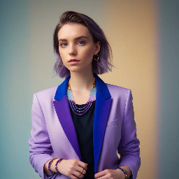 "Berry Sorbet" necklace worn by a young professional woman, purple amethyst and aquamarine gradient stone beads, mixed gold silver metal details, 42cm length, wearing a colorful oversized blazer in cobalt blue, soft natural office lighting, lifestyle fashion editorial, warm pastel background, confident elegant pose, professional fashion photography
