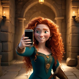 A beautifully detailed, vibrant 3D animation production still of Princess Merida from Brave, inspired by the high-quality, expressive style of image_2.png. She is taking a close-up selfie in a rustic, ancient stone castle hall at dusk. Merida has an huge, mischievous, genuine wide smile that shows her teeth, looking directly into the smartphone lens. Her wild, voluminous, curly red hair is cascading and framing her face. Her extended arm is holding a smartphone (a deep teal color, perhaps with a bear emblem). She wears her traditional deep turquoise dress with detailed gold embroidery and a laced bodice, visible up close. She has an ancient, detailed Celtic ring on her finger. The phone’s screen is visible, showing a bright preview of her laughing face and her hair. The background is a soft-focus, detailed ancient stone wall with a blurred Celtic tapestry and a burning torch casting warm light. Crisp focus on her face and the phone. Cinematic, warm studio lighting with natural film grain. Masterpiece, high resolution.