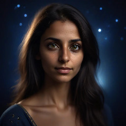 Hyperrealistic portrait of a woman, Middle Eastern appearance,  30 years old, dark olive skin, long dark hair, deep hazel green eyes, calm expression, knowing look —  not quite a smile. Face lit by soft blue-white starlight.  Dark background, deep indigo, soft gold,  midnight blue. Close up face portrait, cinematic lighting, shot  on 85mm lens, shallow depth of field, ultra detailed skin, realistic skin texture, photorealistic. She looks like she came from the stars. Wise. Calm.