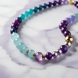 A handmade luxury statement necklace called "Berry Sorbet", product photography on clean white marble background, smooth round amethyst beads in deep purple and lavender tones mixed with aquamarine beads in soft sky blue and teal, ombre gradient color transition from deep purple to soft blue, mixed metal accents — gold and silver hammered spacer beads alternating, 42cm choker length, elegant and colorful, close-up macro shot, soft diffused studio lighting, shallow depth of field, bokeh background, high-end jewelry editorial photography, ultra sharp details, 8K resolution