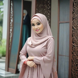 "Seorang wanita Indonesia cantik berusia 23 tahun mengenakan hijab elegan dan gamis (gaun panjang Islami) yang bagus, berdiri dan melakukan siaran langsung menjual pakaian gamis, menghadap kamera, ekspresi ceria dan profesional, memegang smartphone di atas tripod, latar belakang menunjukkan rak pajangan pakaian bergaya dengan koleksi gamis berwarna-warni, pengaturan butik modern, pencahayaan bagus, fotorealistik, kualitas tinggi, 4k"