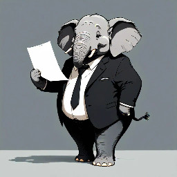 an elephant standing wearing a black suit, not fat but majestic, facing forward, with a happy expression, body slightly turned to the side, right hand holding a piece of paper, in a Ghibli style