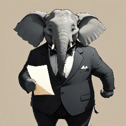 an elephant standing wearing a black suit, not fat but majestic, facing forward, with a happy expression, body slightly turned to the side, right hand holding a piece of paper, in a Ghibli style