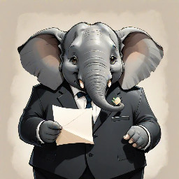 an elephant standing wearing a black suit, not fat but majestic, facing forward, with a happy expression, body slightly turned to the side, right hand holding a piece of paper, in a Ghibli style