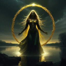 Arte de fantasía oscura: Malenia (Elden Ring) como la Diosa de la Podredumbre flotando dando espadazos de color dorado en el Haligtree, con alas de hiedra corruptas de energía carmesí y un aura misteriosa. Fondo de raices oscuras con un lago en el centro