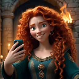 A beautifully detailed, vibrant 3D animation production still of Princess Merida from Brave, inspired by the high-quality, expressive style of image_2.png. She is taking a close-up selfie in a rustic, ancient stone castle hall at dusk. Merida has an huge, mischievous, genuine wide smile that shows her teeth, looking directly into the smartphone lens. Her wild, voluminous, curly red hair is cascading and framing her face. Her extended arm is holding a smartphone (a deep teal color, perhaps with a bear emblem). She wears her traditional deep turquoise dress with detailed gold embroidery and a laced bodice, visible up close. She has an ancient, detailed Celtic ring on her finger. The phone’s screen is visible, showing a bright preview of her laughing face and her hair. The background is a soft-focus, detailed ancient stone wall with a blurred Celtic tapestry and a burning torch casting warm light. Crisp focus on her face and the phone. Cinematic, warm studio lighting with natural film grain. Masterpiece, high resolution.