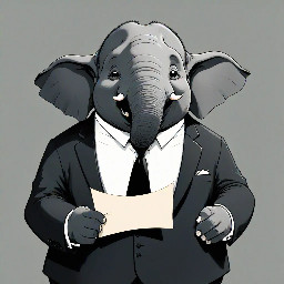 an elephant standing wearing a black suit, not fat but majestic, facing forward, with a happy expression, body slightly turned to the side, right hand holding a piece of paper, in a Ghibli style