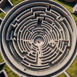 Labyrinth seen from a 45-degree angle, extreme aerial view, straight walls, entrance and exit of the labyrinth clearly visible, top-down perspective combined with angled view, cinematic composition, no circular, no concentric, no round shapes, no curves, no organic walls, no blurry, no low quality, no entrance missing, no exit missing, no top-down only, no drone view only16:9