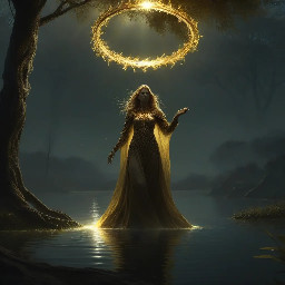 Arte de fantasía oscura: Malenia (Elden Ring) como la Diosa de la Podredumbre flotando dando espadazos de color dorado en el Haligtree, con alas de hiedra corruptas de energía carmesí y un aura misteriosa. Fondo de raices oscuras con un lago en el centro