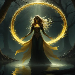 Arte de fantasía oscura: Malenia (Elden Ring) como la Diosa de la Podredumbre flotando dando espadazos de color dorado en el Haligtree, con alas de hiedra corruptas de energía carmesí y un aura misteriosa. Fondo de raices oscuras con un lago en el centro