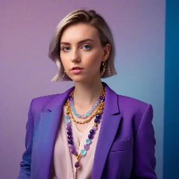"Berry Sorbet" necklace worn by a young professional woman, purple amethyst and aquamarine gradient stone beads, mixed gold silver metal details, 42cm length, wearing a colorful oversized blazer in cobalt blue, soft natural office lighting, lifestyle fashion editorial, warm pastel background, confident elegant pose, professional fashion photography