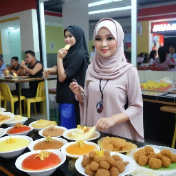 "Seorang wanita Indonesia cantik berusia 23 tahun mengenakan hijab elegan dan gamis (gaun panjang Islami) yang bagus, berdiri dan melakukan siaran langsung menghadap ke depan, tatapan lurus kedepan, sedang mempromosikan sebuah kedai makanan dan minuman di kota Balikpapan, kalimantan Timur, yang bernama "Kedai Es Krim Qu", yang menjual makanan dan minuman berupa : kebab, sosis bakar, crepes, es krim cone, tahu bakso, risol mayo, berbagai jus buah seperti alpukat, mangga, jeruk, es teler dan lain lain, ekspresinya ceria dan profesional, latar belakang menunjukkan kedai tersebut yang di penuhi oleh para pembeli yang sedang mengantri di kedai tersebut, tampilkan display makan tersebut secara real dan terlihat nyata, pencahayaan bagus, fotorealistik, kualitas tinggi, 4k"