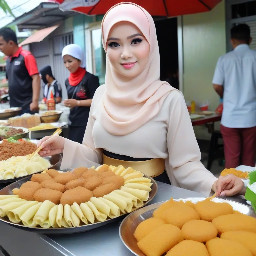 "Seorang wanita Indonesia cantik berusia 23 tahun mengenakan hijab elegan dan gamis (gaun panjang Islami) yang bagus, berdiri dan melakukan siaran langsung menghadap ke depan, tatapan lurus kedepan, sedang mempromosikan sebuah kedai makanan dan minuman di kota Balikpapan, kalimantan Timur, yang bernama "Kedai Es Krim Qu", yang menjual makanan dan minuman berupa : kebab, sosis bakar, crepes, es krim cone, tahu bakso, risol mayo, berbagai jus buah seperti alpukat, mangga, jeruk, es teler dan lain lain, ekspresinya ceria dan profesional, latar belakang menunjukkan kedai tersebut yang di penuhi oleh para pembeli yang sedang mengantri di kedai tersebut, tampilkan display makan tersebut secara real dan terlihat nyata, pencahayaan bagus, fotorealistik, kualitas tinggi, 4k"