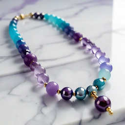 A handmade luxury statement necklace called "Berry Sorbet", product photography on clean white marble background, smooth round amethyst beads in deep purple and lavender tones mixed with aquamarine beads in soft sky blue and teal, ombre gradient color transition from deep purple to soft blue, mixed metal accents — gold and silver hammered spacer beads alternating, 42cm choker length, elegant and colorful, close-up macro shot, soft diffused studio lighting, shallow depth of field, bokeh background, high-end jewelry editorial photography, ultra sharp details, 8K resolution