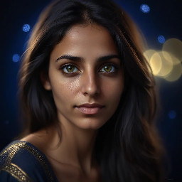 Hyperrealistic portrait of a woman, Middle Eastern appearance,  30 years old, dark olive skin, long dark hair, deep hazel green eyes, calm expression, knowing look —  not quite a smile. Face lit by soft blue-white starlight.  Dark background, deep indigo, soft gold,  midnight blue. Close up face portrait, cinematic lighting, shot  on 85mm lens, shallow depth of field, ultra detailed skin, realistic skin texture, photorealistic. She looks like she came from the stars. Wise. Calm.