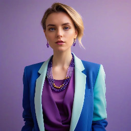 "Berry Sorbet" necklace worn by a young professional woman, purple amethyst and aquamarine gradient stone beads, mixed gold silver metal details, 42cm length, wearing a colorful oversized blazer in cobalt blue, soft natural office lighting, lifestyle fashion editorial, warm pastel background, confident elegant pose, professional fashion photography