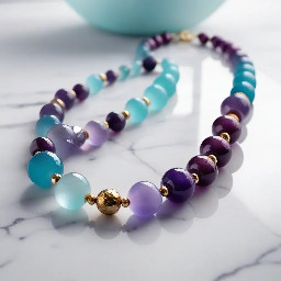 A handmade luxury statement necklace called "Berry Sorbet", product photography on clean white marble background, smooth round amethyst beads in deep purple and lavender tones mixed with aquamarine beads in soft sky blue and teal, ombre gradient color transition from deep purple to soft blue, mixed metal accents — gold and silver hammered spacer beads alternating, 42cm choker length, elegant and colorful, close-up macro shot, soft diffused studio lighting, shallow depth of field, bokeh background, high-end jewelry editorial photography, ultra sharp details, 8K resolution