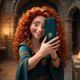 A beautifully detailed, vibrant 3D animation production still of Princess Merida from Brave, inspired by the high-quality, expressive style of image_2.png. She is taking a close-up selfie in a rustic, ancient stone castle hall at dusk. Merida has an huge, mischievous, genuine wide smile that shows her teeth, looking directly into the smartphone lens. Her wild, voluminous, curly red hair is cascading and framing her face. Her extended arm is holding a smartphone (a deep teal color, perhaps with a bear emblem). She wears her traditional deep turquoise dress with detailed gold embroidery and a laced bodice, visible up close. She has an ancient, detailed Celtic ring on her finger. The phone’s screen is visible, showing a bright preview of her laughing face and her hair. The background is a soft-focus, detailed ancient stone wall with a blurred Celtic tapestry and a burning torch casting warm light. Crisp focus on her face and the phone. Cinematic, warm studio lighting with natural film grain. Masterpiece, high resolution.