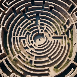 Labyrinth seen from a 45-degree angle, extreme aerial view, straight walls, entrance and exit of the labyrinth clearly visible, top-down perspective combined with angled view, cinematic composition, no circular, no concentric, no round shapes, no curves, no organic walls, no blurry, no low quality, no entrance missing, no exit missing, no top-down only, no drone view only16:9